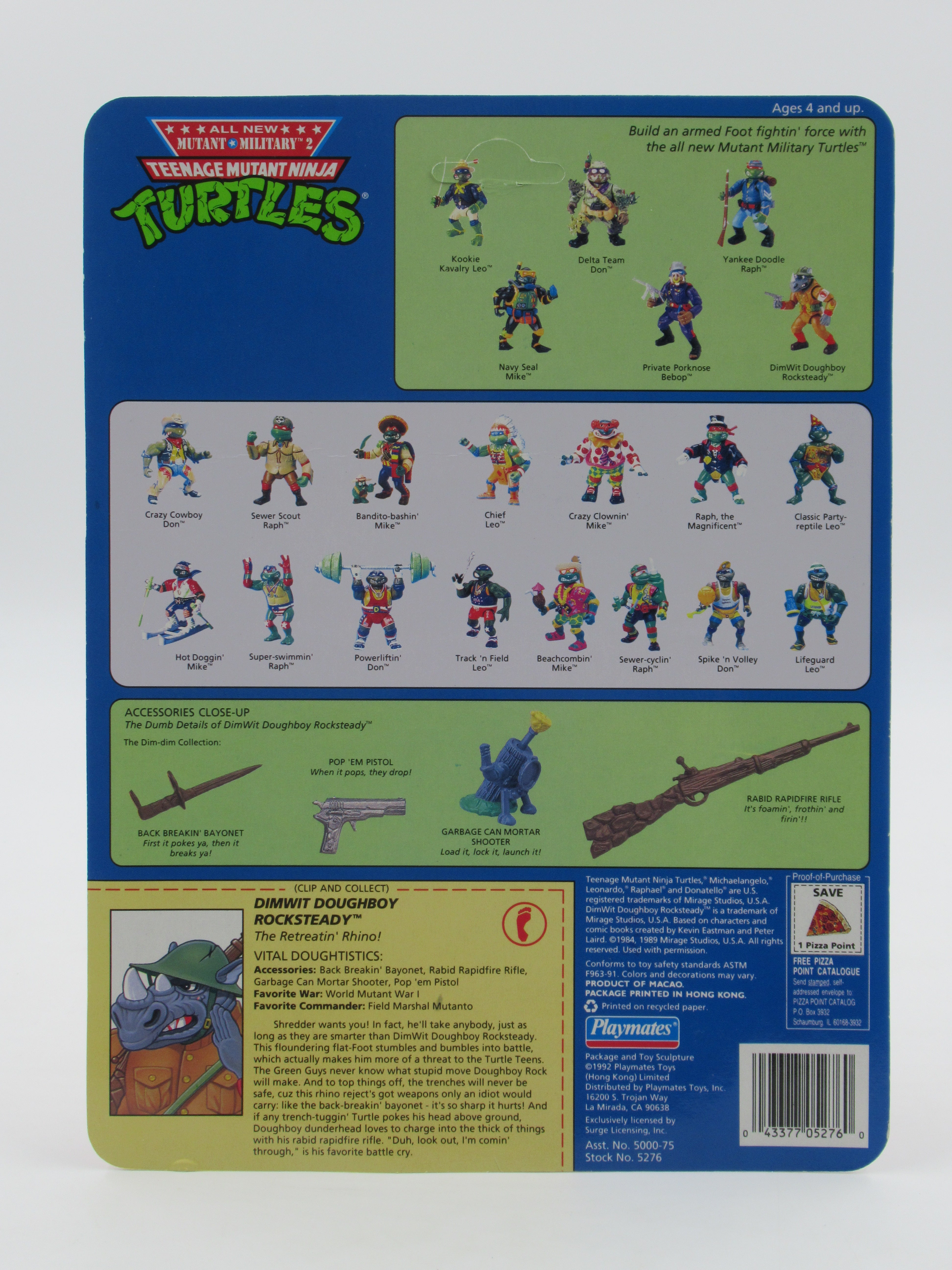 Teenage Mutant Ninja Turtles Dimwit Doughboy Rocksteady Mutant Military II 4.5" Figure TMNTs - Playmates (1992)